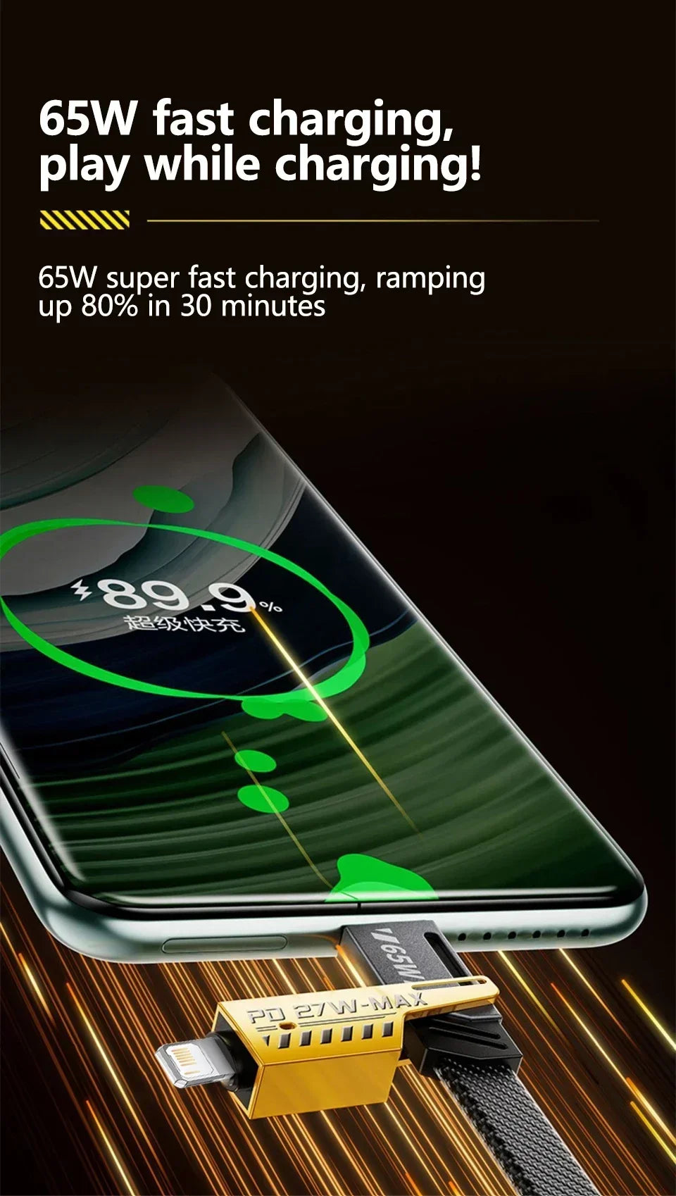 4-in-1 Fast Charging Cable, 65W PD QC Charging Cable with Multiple Connectors, Suitable for Android/iPhone