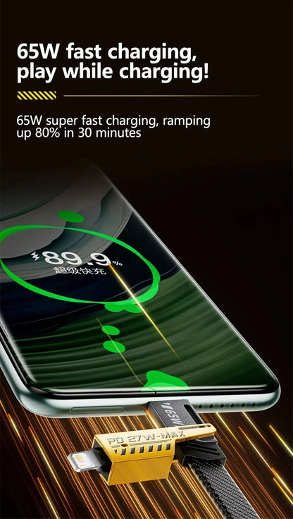 4-in-1 Fast Charging Cable, 65W PD QC Charging Cable with Multiple Connectors, Suitable for Android/iPhone