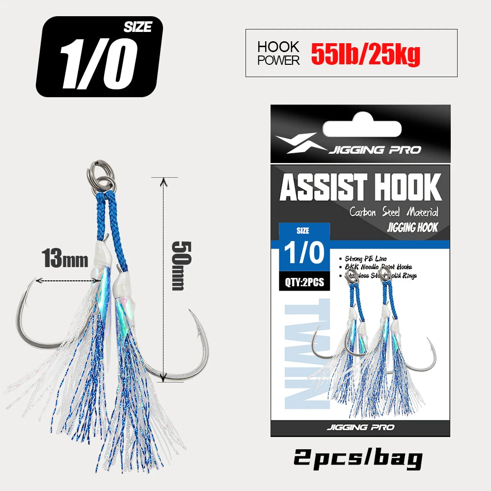 JIGGING PRO Twin Assist Hooks 1/0 2/0 3/0 4/0 Double Barbed BKK High Carbon Steel Fishing Hook With Glow Feather Jigging Hook