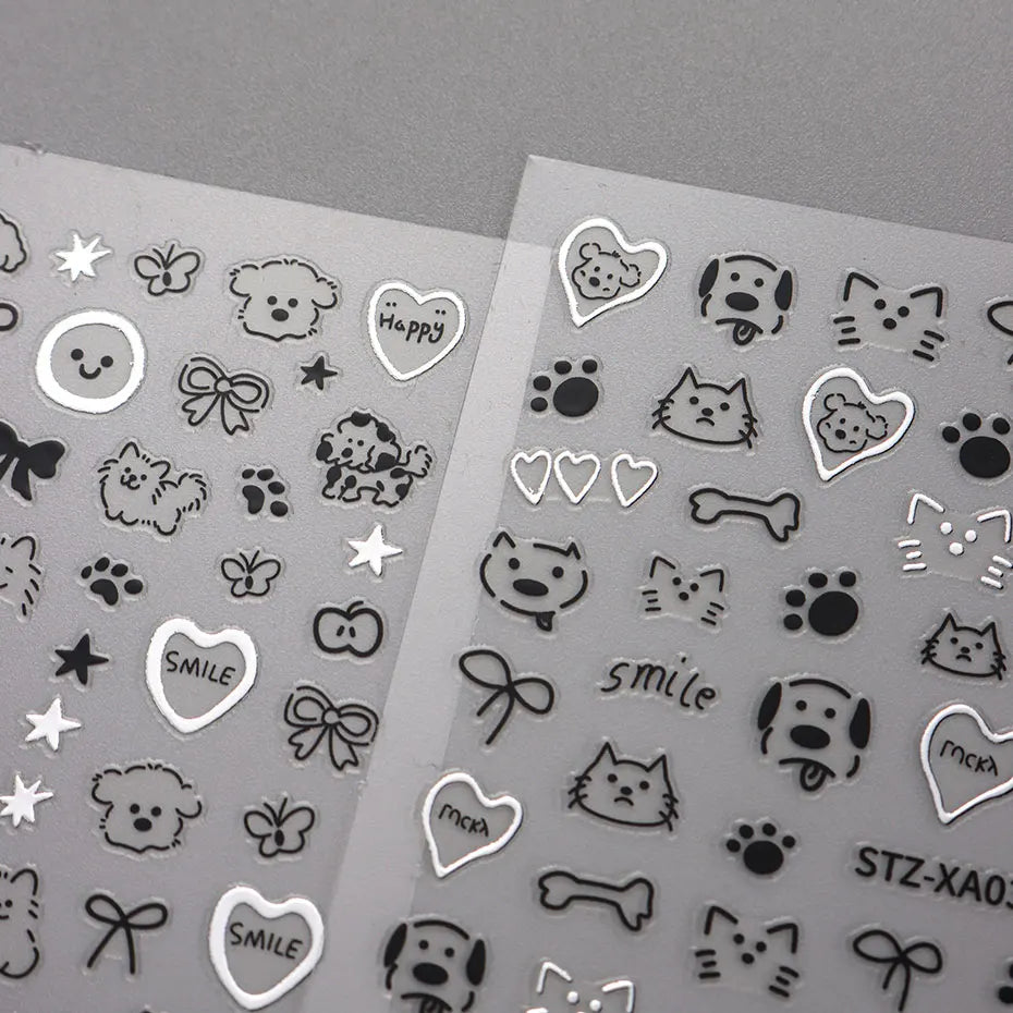 2pcs 3D Cute Silver Smile Dog Decals Y2K Cartoon Cat Footprint Nail Stickers Graffiti Star Heart Bowknot Manicure Slider Decor