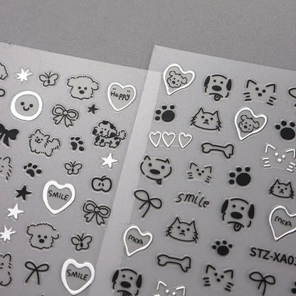 2pcs 3D Cute Silver Smile Dog Decals Y2K Cartoon Cat Footprint Nail Stickers Graffiti Star Heart Bowknot Manicure Slider Decor