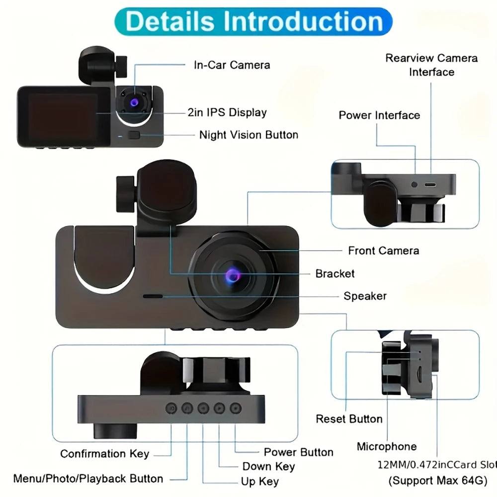 3 Channel Car Camera，Triple Lens WiFi Dashcam, 1080P HD Video Recorder, Night Vision, Car DVR with Wide Angle for Front and Rea