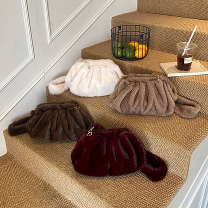 Fashionable Wrinkled Cloud Bag Soft Faux Fur Small Shoulder Bags for Women 2025 Winter Trend Korean Plush Handbags Crossbody Bag