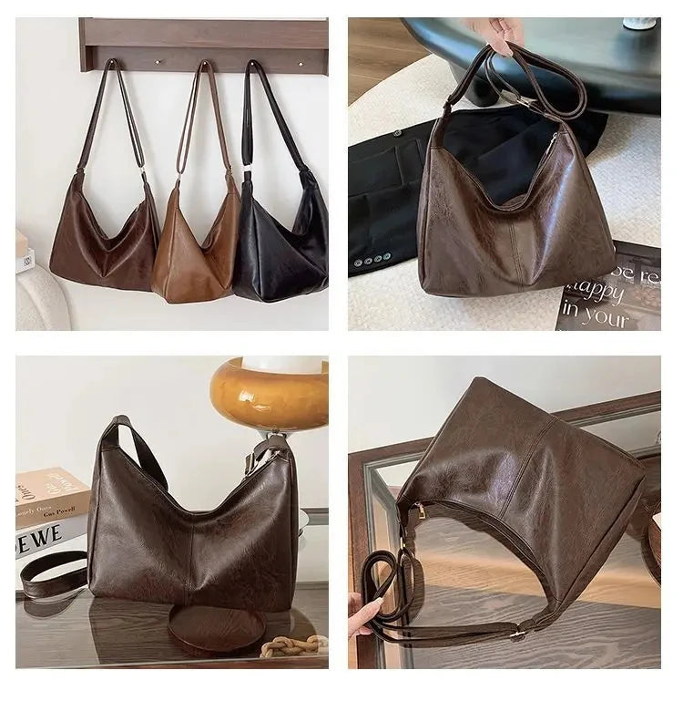 PU Leather Commuter Fashion Vintage Casual Tote Bag Maillard Stylish Crossbody Bags for Women Texture Large Capacity Temperament