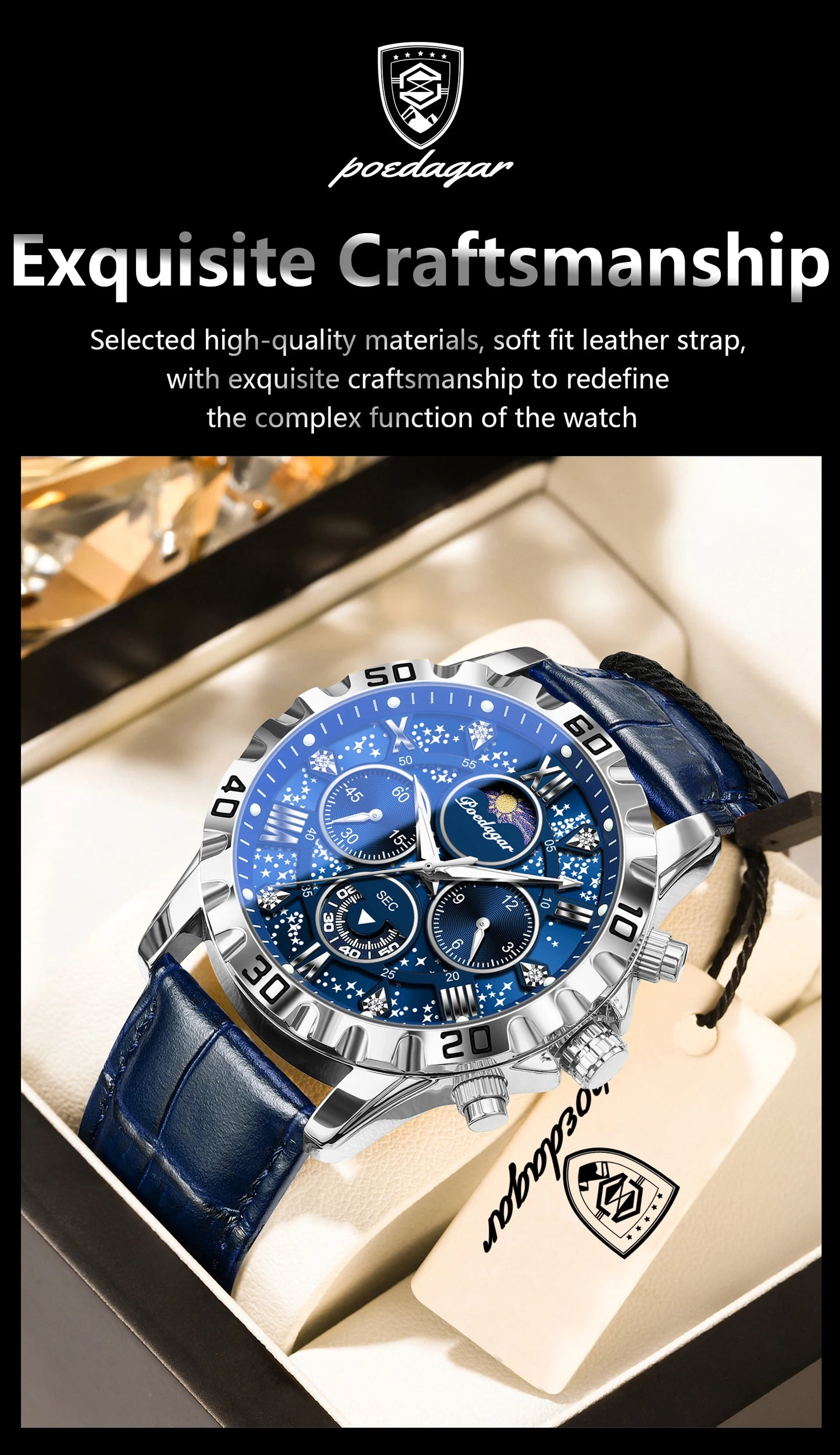 POEDAGAR Top Functional Luxury Man Wristwatch Waterproof Luminous Chronograph Leather Sports Watches For Men Quartz Men's Watch
