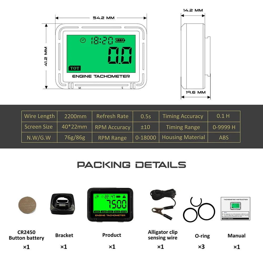 Motorcycle Inductive Digital Tachometer SVC TOT JOB Engine Hour Meter Gauge Backlight Resettable RPM for Moto Lawn Mower