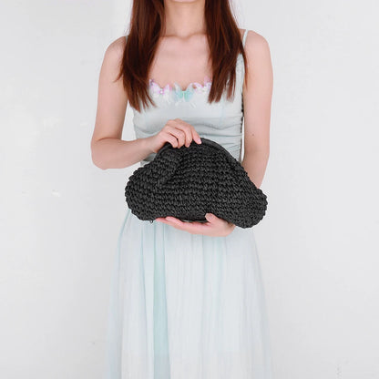 Women Straw Woven Bag Chain Strap Straw Clutch Purse Large Capacity Stylish Crossbody Bag Solid Color for Summer Beach