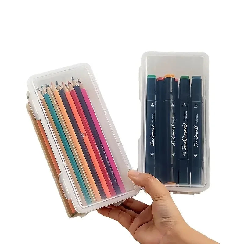 4 large transparent PP storage boxes with lids, used for storing office supplies, pencils, and crafts