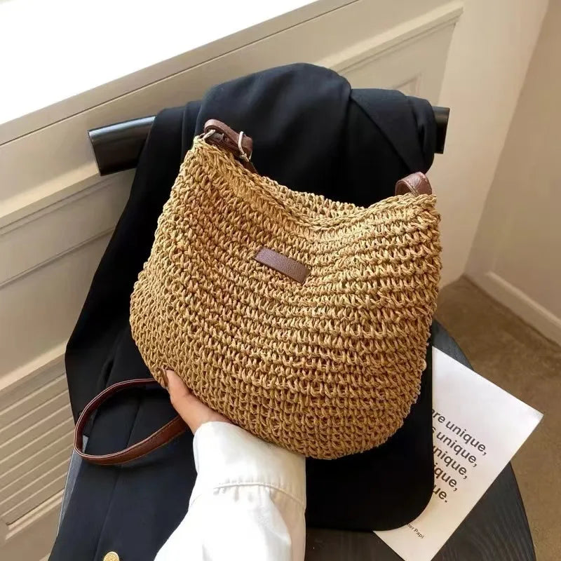 Straw woven bag, single shoulder, women's fashionable weaving, ins style, seaside beach, crossbody bag for women