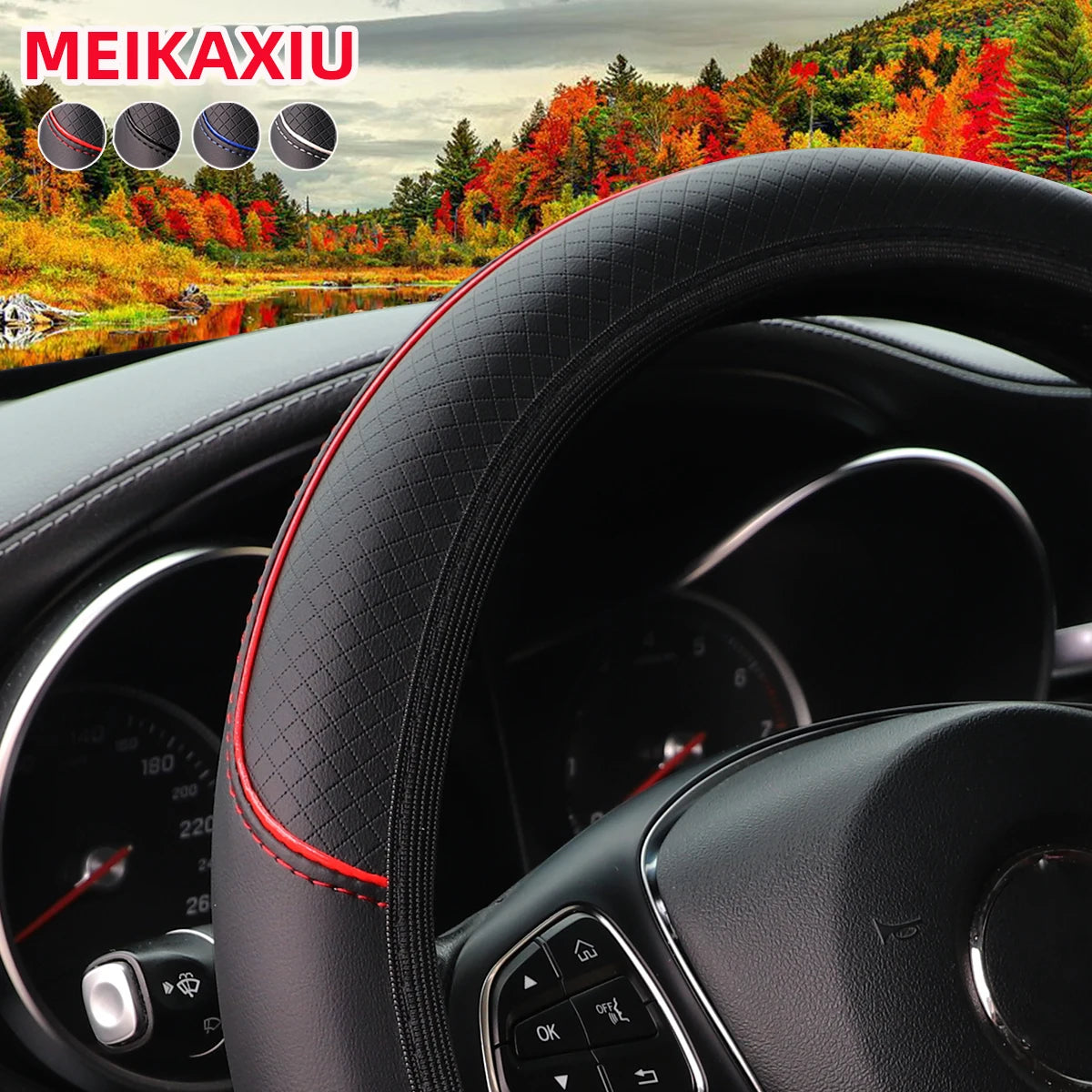 PU Check-Pattern Embossed Leather Trim for Car Non-Ring Steering Wheel Cover for Car Interior Accessories 37-38cm