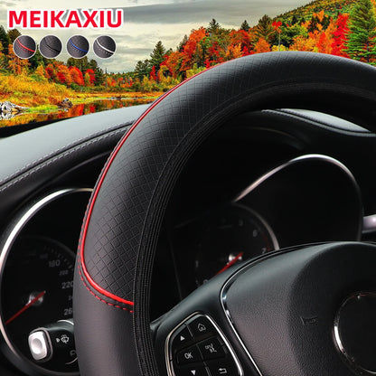 PU Check-Pattern Embossed Leather Trim for Car Non-Ring Steering Wheel Cover for Car Interior Accessories 37-38cm