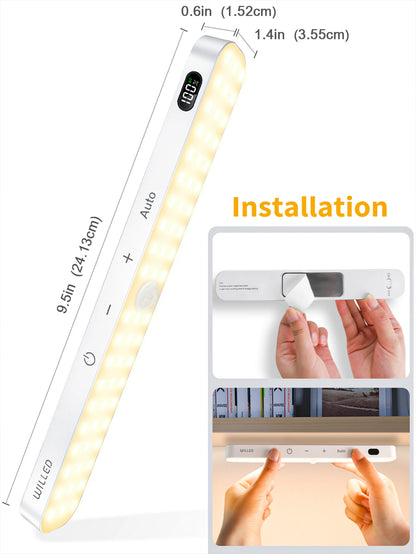 WILLED Warm Light Motion Sensor Cabinet Light Battery Display 60 LED Touch Light Bar Wireless Rechargeable Battery Night Light