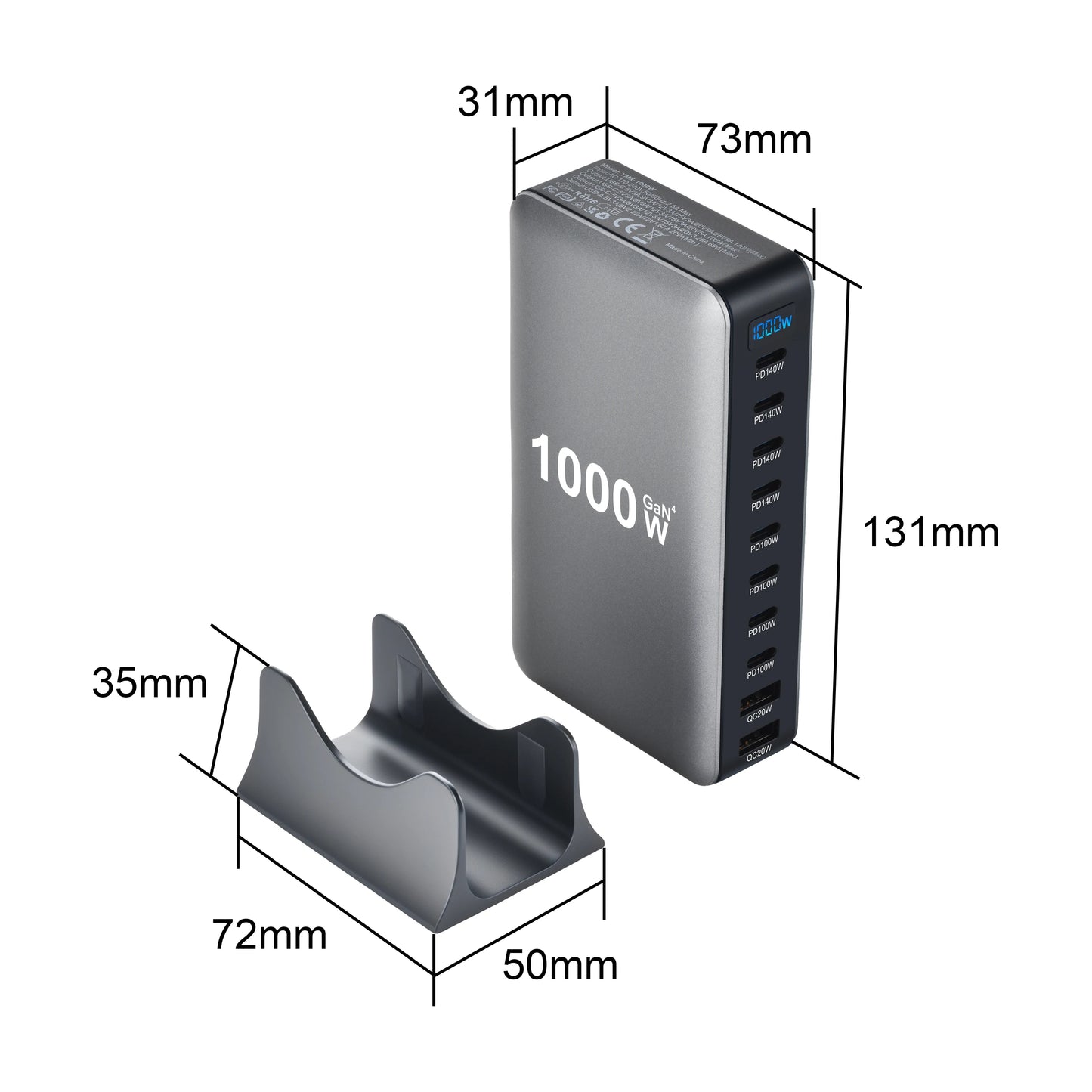 1000W 10-Port GaN Desktop Adapter 140W PD Fast Charging for MacBook Pro Laptop, 100W for Phone Tablet, Multi Port USB Hub Statio