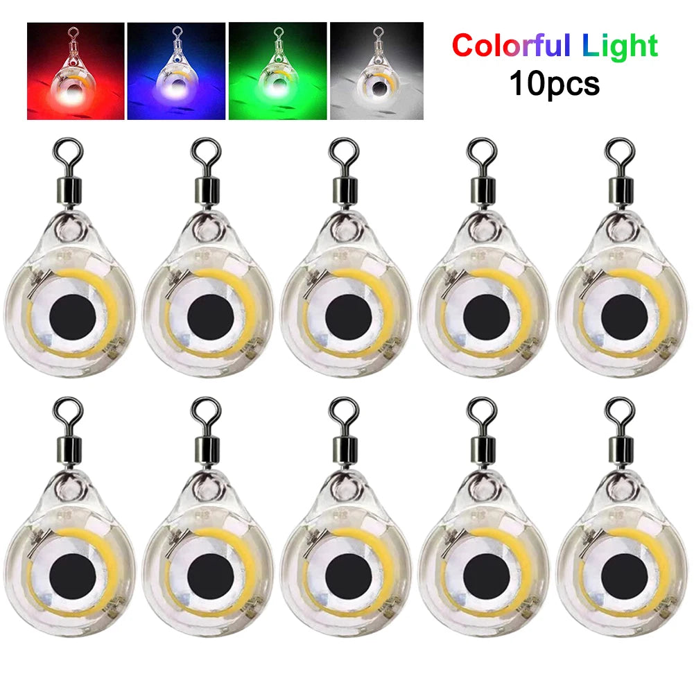 10Pcs Fishing Lure Light Mini Eye Shape Underwater Night Light Lure Battery Powered Lighted Flasher Bait for Seawater Freshwater