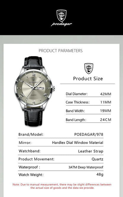 POEDAGAR Business Brand Men Clock Waterproof Luminous Date Week Fashion Man Wristwatch Leather Luxury Men's Quartz Watches Reloj