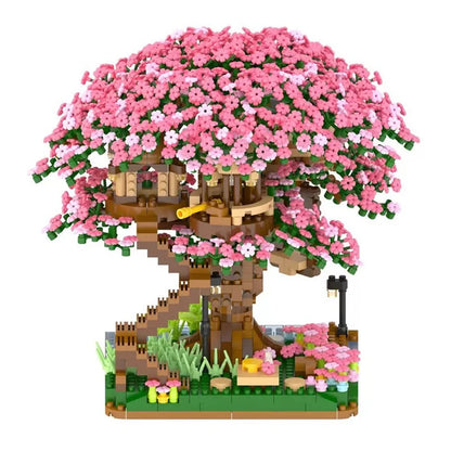 Sakura Tree Micro Blocks with LED Lights - Cherry Blossom Treehouse Model, 3D Romantic Night Glow Decor, Thoughtful Gift for Her