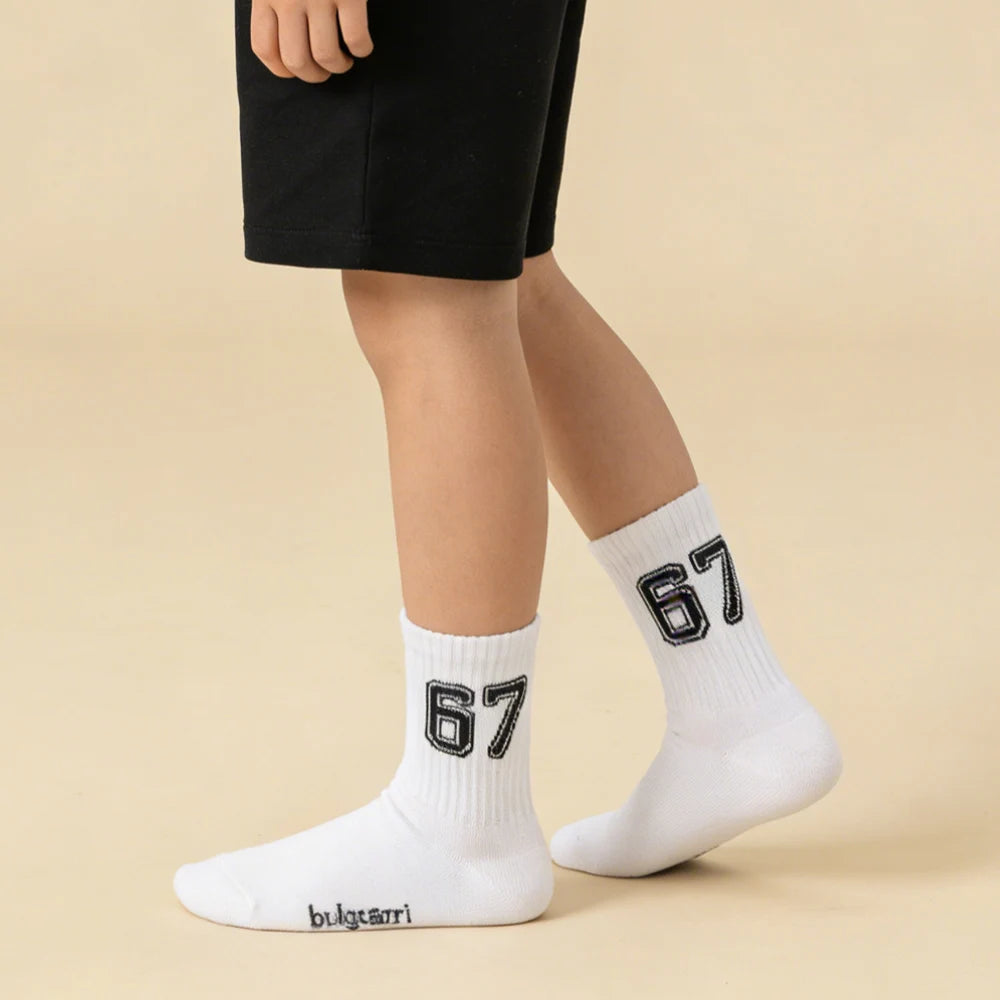 Teen Fashion Socks with "67" Print - Mid-Calf Sports Socks for Trendy Kids All Season