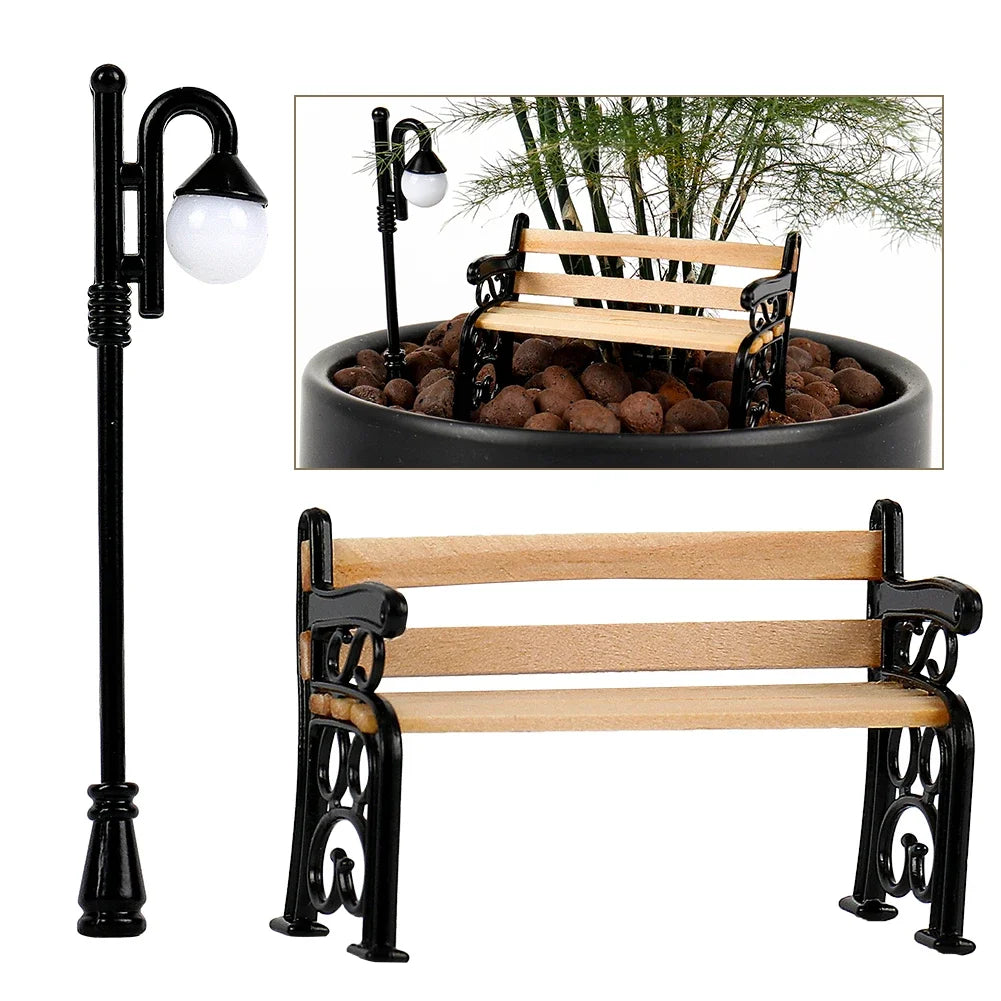 Wooden Park Bench & Street Lamp Micro Landscape Figurines Doll House Furniture Miniature Decor Toy DIY Craft Home Decoration
