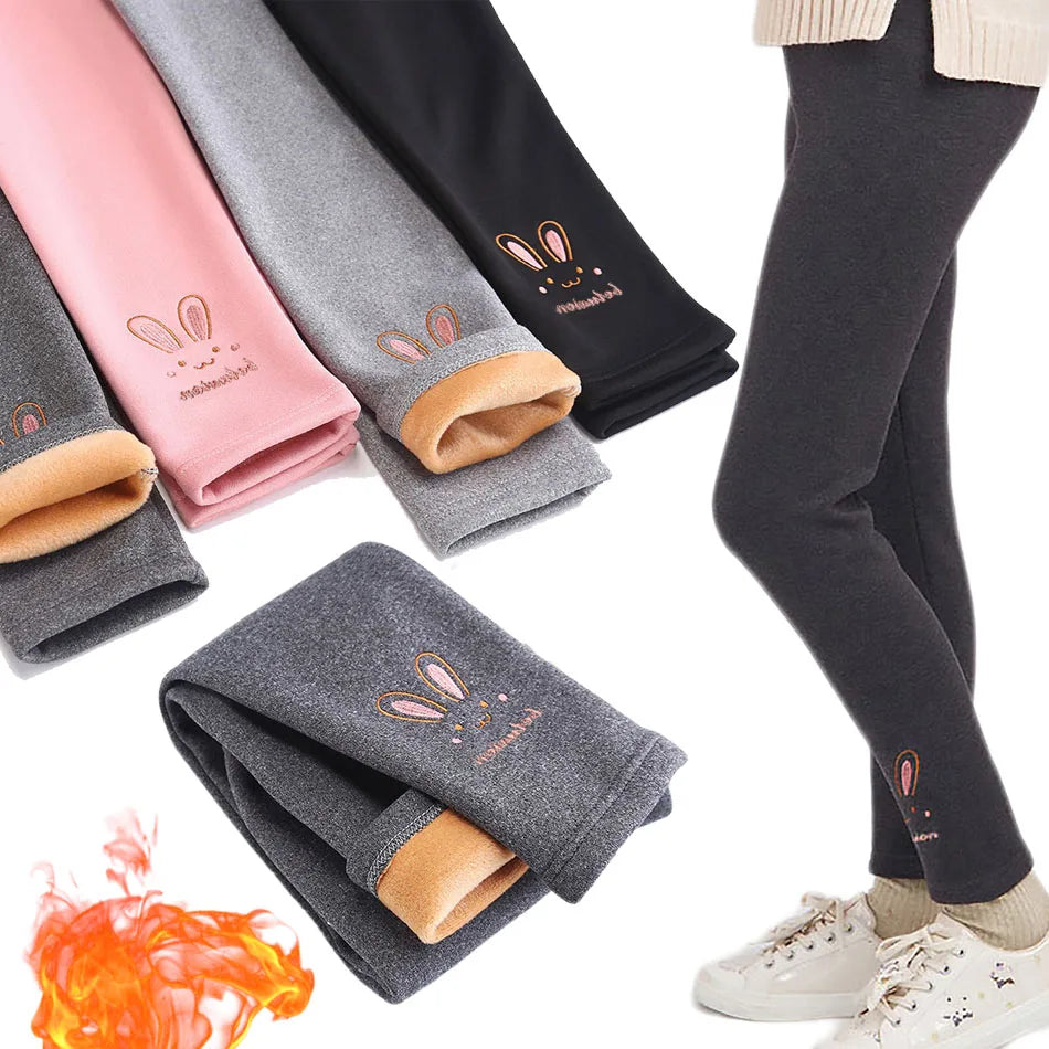 2026 Children Leggings Girls Fleece Lined Thermal Bottoms Baby Casual Trousers Kids Warm Pants Elastic Bunny Tights 3-8 Years