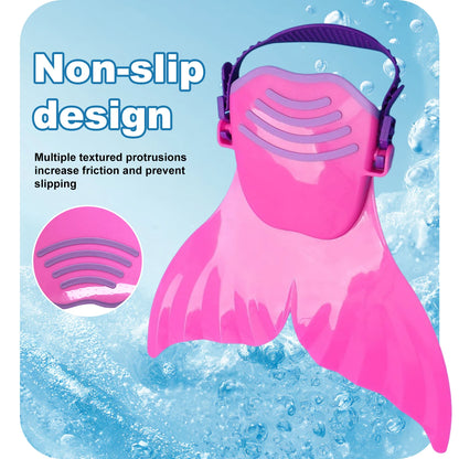 Adjustable Mermaid Silicone Fins Swimming Training & Beach, Soft Body Hard Fin with 3 Non-Slip Grips, Photo Cosplay Gear for Kid