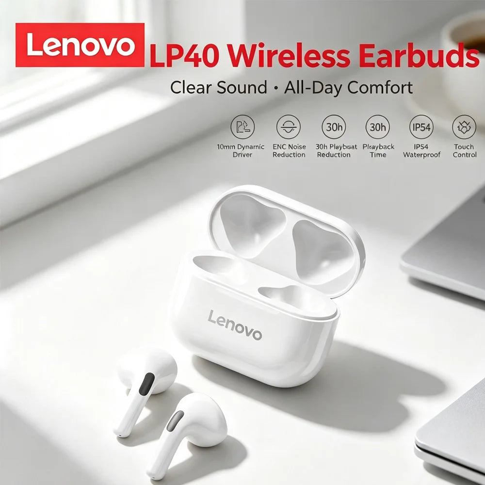 Lenovo LP40 Wireless Earbuds Bluetooth 5.0 Headphones Touch Control Stereo Sound Earphone Sport Waterproof Mini TWS Earbuds For