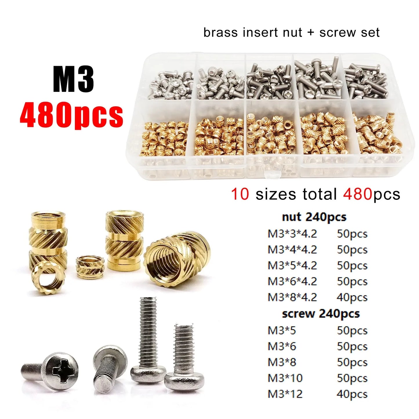 M1.4 M1.6 M2 M2.5 M3 M4 M5M6 Brass Copper Twill Knurled Thread Hot Heat Melt Injection 3D Print Embed Insert Nut Screw Kit Set