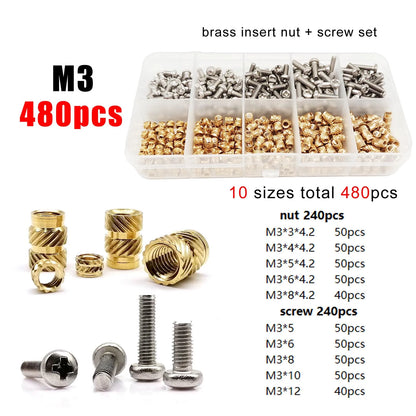 M1.4 M1.6 M2 M2.5 M3 M4 M5M6 Brass Copper Twill Knurled Thread Hot Heat Melt Injection 3D Print Embed Insert Nut Screw Kit Set