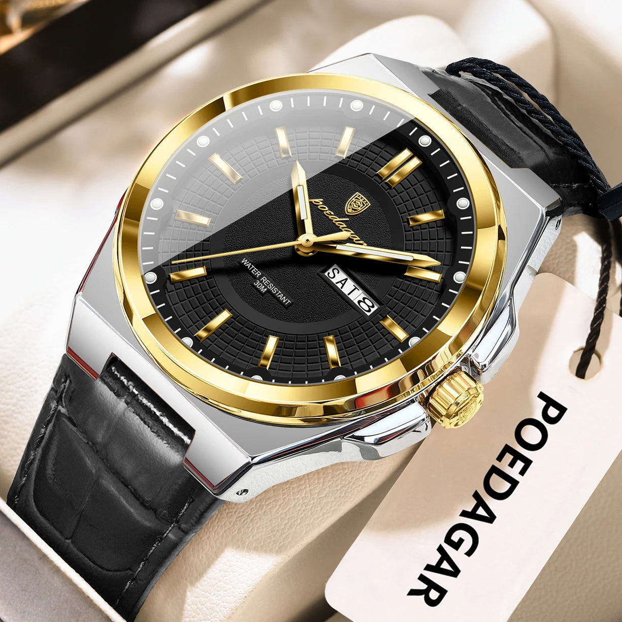 POEDAGAR Fashion Brand Man Wristwatch Waterproof Luminous Date Week Quartz Luxury Men's Watches Leather Business Men Watch Reloj