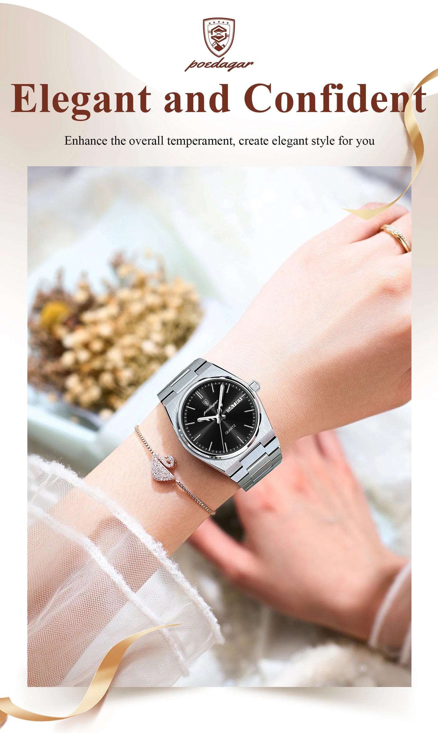 POEDAGAR Elegant Woman's Watch Date Week Waterproof Luminous Ladies Clock Quartz Stainless Steel Fashion Watches For Women Reloj