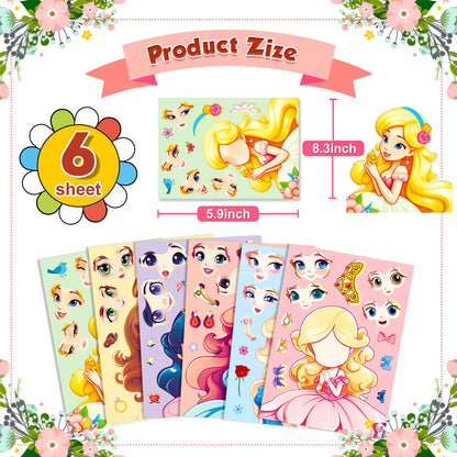6-42Sheets Children DIY Puzzle Sticker Games 6 Princess Mermaid Make A Face Funny Assemble Jigsaw Stickers Kids Educational Toys