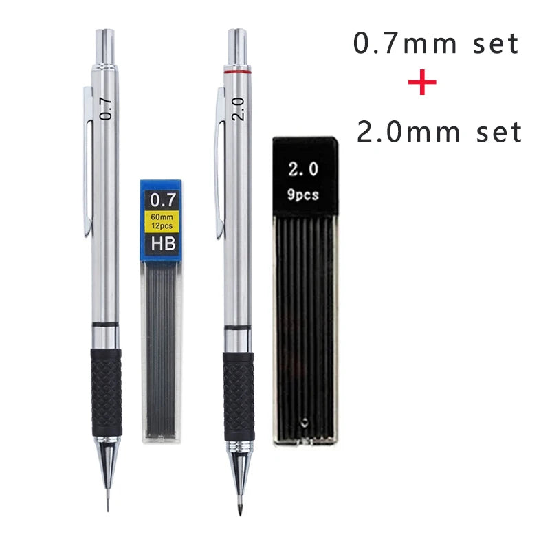 Metal Mechanical Pencil Set with Pencil Grip Leads Art Drawing Student Office Supplies 0.5/0.7/0.9/2.0mm Automatic Pencil