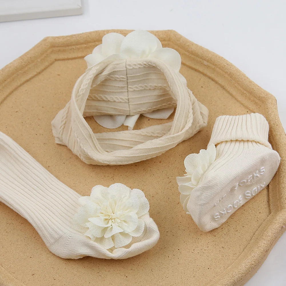 3Pcs/Set Lace Flower Baby Headbands Socks Cotton Non-slip Anklet 0-12M Stockings Wide Elastic Hairbands Infant Photogrphy Props