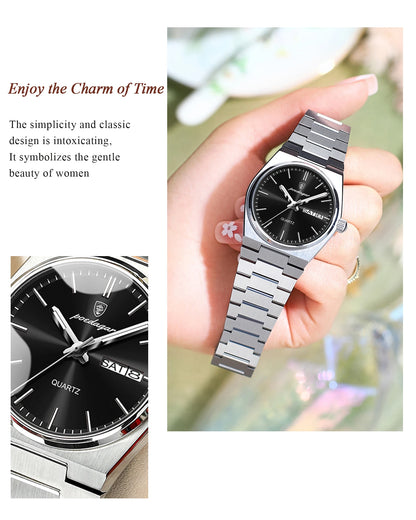 POEDAGAR Elegant Woman's Watch Date Week Waterproof Luminous Ladies Clock Quartz Stainless Steel Fashion Watches For Women Reloj