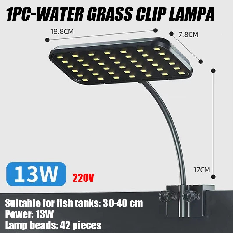 13W LED Lamp Aquarium Decorative Aquatic Plant Light High Brightness Fish Tank Clamp Light Full Spectrum High Brightness 220V