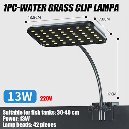 13W LED Lamp Aquarium Decorative Aquatic Plant Light High Brightness Fish Tank Clamp Light Full Spectrum High Brightness 220V