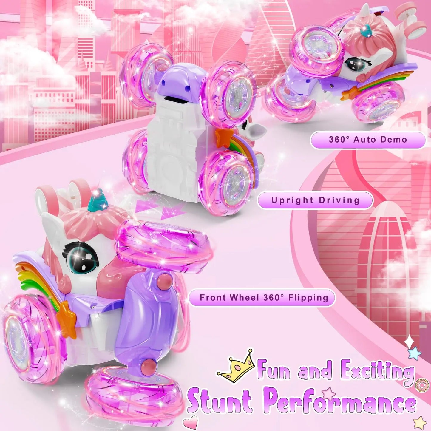 2.4G Lighting unicorn Remote Control Stunt Dump Truck Chase Light Twist Change Car Drift Dancing Toy Car, Children's New Year Bi