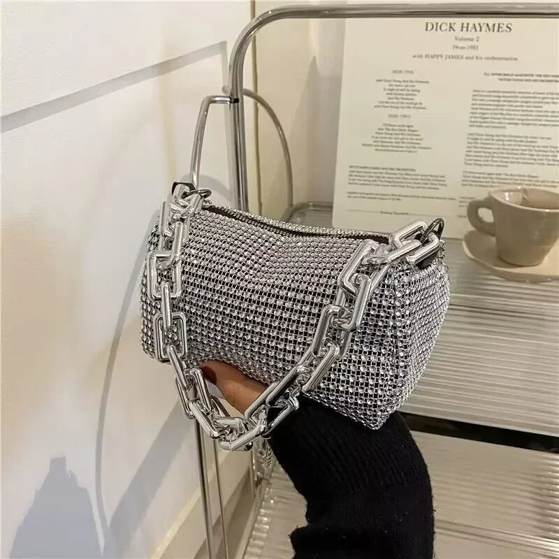 Allover Rhinestone Bucket Bag, Glitter Chain Prom Purse, Women's Mini Crossbody Bag