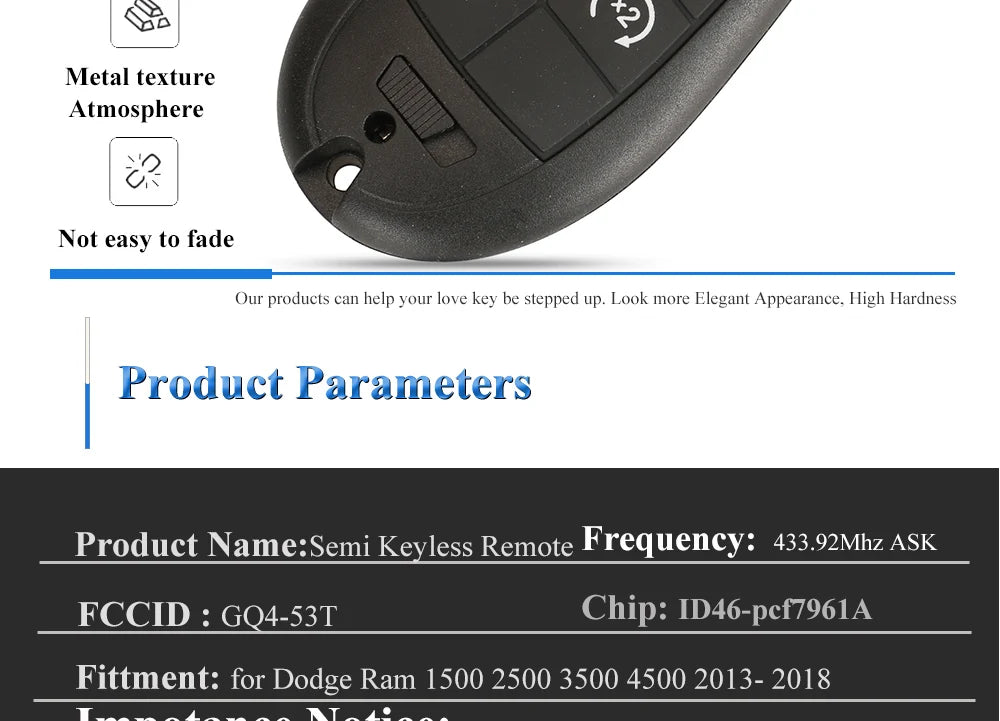 jingyuqin GQ4-53T Fobik Remote Car Key 433MHz ID46-PCF7961A Chip for Dodge RAM 1500 2500 3500 4500 2013-2018 56046953 68159655