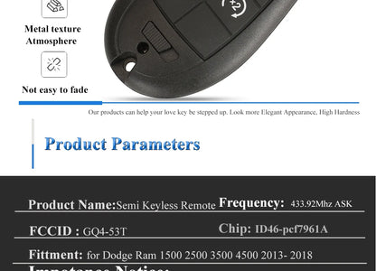 jingyuqin GQ4-53T Fobik Remote Car Key 433MHz ID46-PCF7961A Chip for Dodge RAM 1500 2500 3500 4500 2013-2018 56046953 68159655