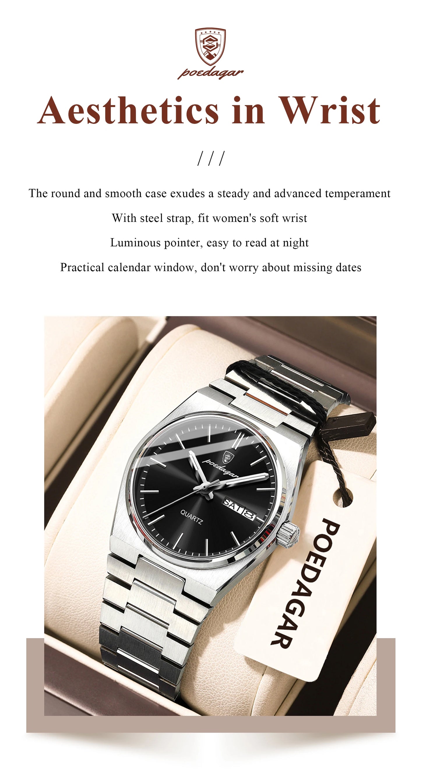 POEDAGAR Elegant Woman's Watch Date Week Waterproof Luminous Ladies Clock Quartz Stainless Steel Fashion Watches For Women Reloj