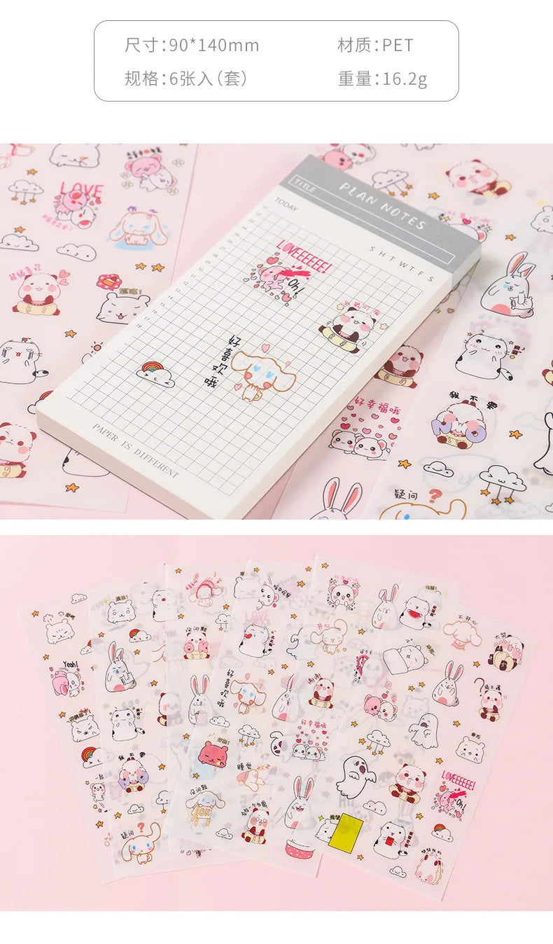 6Pieces/Set Transparent Pvc Waterproof Cartoon Sticker DIY Hand Account Decorative Stickers Kawaii Phone Cup Stickers