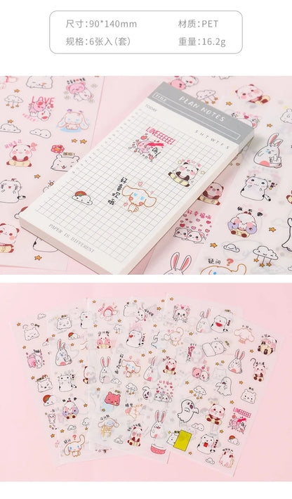 6Pieces/Set Transparent Pvc Waterproof Cartoon Sticker DIY Hand Account Decorative Stickers Kawaii Phone Cup Stickers