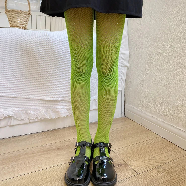 Child Fish Net Rhinestone Stretchy Tight Performance Costume Fishnet Legging Princess Baby Girls Shining Diamonds Mesh Pantyhose
