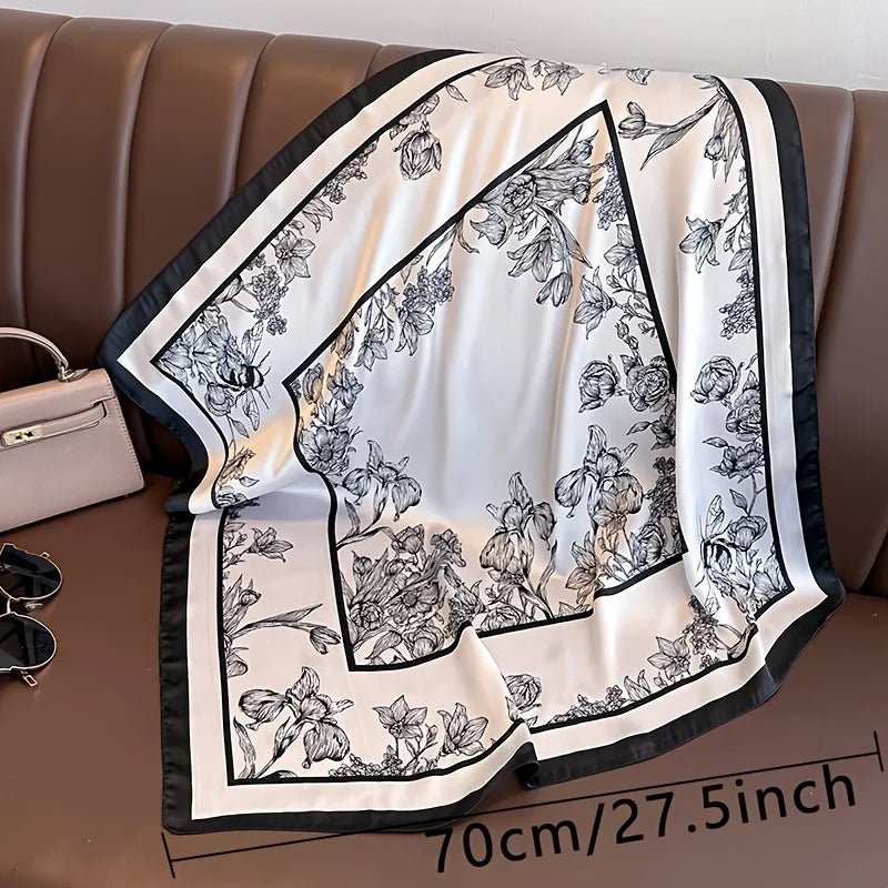70cm Black White Floral Pattern Scarf Literary Floral Temperament Kerchief Clothes Accessory Scarves Shawl Sun Protection Scarf
