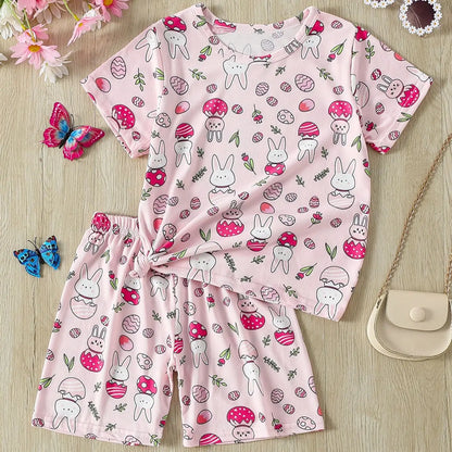 2-Pcs Children's Casual Cute Home Service Suit Boy Casual Joker Bear Print Short Sleeve Girl Comfortable Joker Sweet Shorts Suit