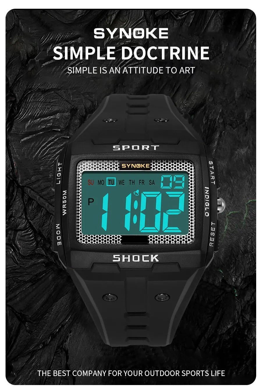 SYNOKE New For Men Sports Electronic Watch Waterproof Night Glow Large Screen Square Outdoor Running Camping Student Watch
