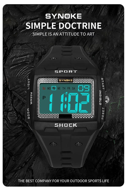 SYNOKE New For Men Sports Electronic Watch Waterproof Night Glow Large Screen Square Outdoor Running Camping Student Watch