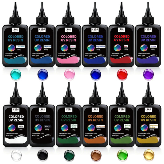 UV Resin, 12-Color Solid-Color UV Resin Set, Odorless Low-Shrinkage UV Colored Resin, Vibrant Colors, Specially Formulated for H
