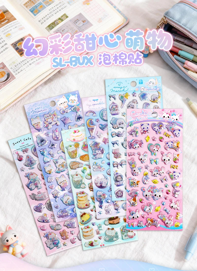 3 pcs/6 pcs Sweet Candy Pets Cat Coffee Cakes Flash Puffy 3D Stickers Scrapbooking Diy Diary Stationery Stickers School Supplies