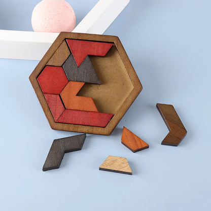 Hexagonal Wooden Puzzle — Adult Brain Teaser Toy, comprising 11 interlocking puzzle pieces, a challenging logic game ideal for t
